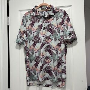 Bad Birdie Polo Shirt Mens Medium Golf Tropical Leaf Print Perormance Blue EUC